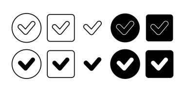 Temiz siyah işaret simgeleri başarıyı, onayı ve onayı temsil ediyor. Formlar, tamamlama veya olumlu sonuçlar için ideal.