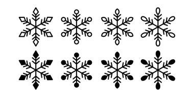 Soğuk havayı ve Noel tarzını simgeleyen en az siyah kar tanesi simgeleri. Kış sanatı, posterler ve mevsimlik dekorasyon projeleri için mükemmel..