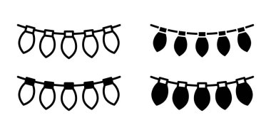 Parlak festival tasarımı, tatil kartları ve görsel dekorasyon için basit siyah Noel ışığı simgeleri.