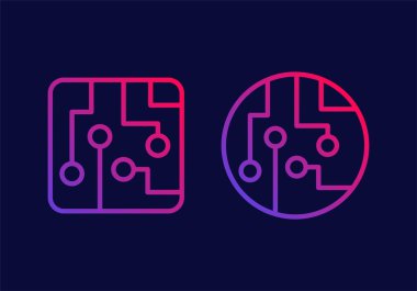 Gelişmiş teknolojiyi, yapay zeka sistemlerini ve gelecekteki ağları temsil eden zarif mor devre kartı simgesi.