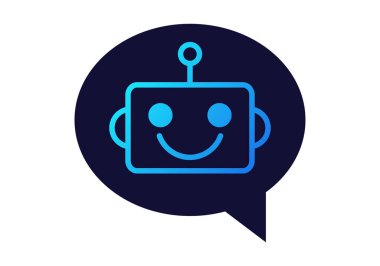 Zekice konuşmaları temsil eden mavi sohbet robotu simgesi, dijital asistanlar ve yapay zeka etkileşimi için mesajlaşma otomasyonu.