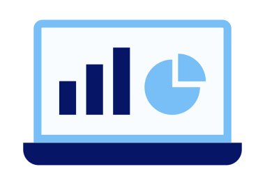 Gösterge paneli raporlu dizüstü bilgisayarı gösteren düz renkli illüstrasyon, pazarlama analizlerini, performans takibini ve web verilerini sembolize ediyor.