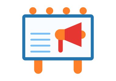 Açık hava reklamcılığını, marka farkındalığını ve pazarlama iletişimini sembolize eden megafonla reklam panosu pazarlamanın düz renkli çizimi.
