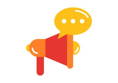 Reklam kampanyası, iletişim ve pazarlama promosyonunu temsil eden bir konuşma balonlu megafonun düz renkli çizimi.