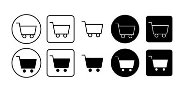 Çevrimiçi mağaza, perakende satış ve e-ticaret pazarlama görsellerini temsil eden alışveriş arabası sembolleri içeren siyah simge paketi.