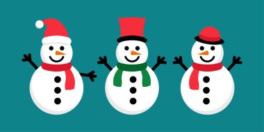 Kış, Noel ve festival projeleri için dizayn edilmiş düz renkli kardan adam ikonları. Dijital çizimler, kartlar ve sezonluk dekorasyonlar için ideal..