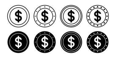 Para, servet ve küresel mali değeri sembolize eden siyah ikon para seti.