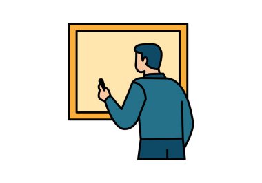 Düz renkli öğretmen simgesi beyaz tahtada öğretmenliği, okulu ve öğrenmeyi sembolize ediyor..