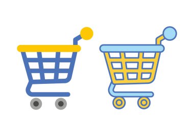 E-ticareti, online mağazayı ve perakende alışverişi sembolize eden bir alışveriş arabasının parlak düz renkli simgesi.