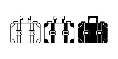 Seyahatleri, toplanmayı ve seyahat gereksinimlerini temsil eden minimal siyah bavul simgesi.