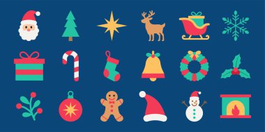 Noel Baba, ağaç, ren geyiği, hediyeler, şeker kamışı, kardan adam ve daha fazlası olan parlak renkli ikon seti. Kartlar, sosyal medya, web siteleri ve festival tasarım projeleri için mükemmel.