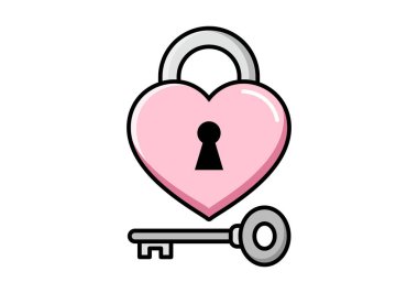 Kalp şeklindeki kilidin düz renkli çizimi güven ve romantik bağı sembolize eder..