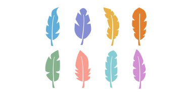 Yumuşak düz renk tasarımlı bohem tüy ikonu demeti. El işi, dövme, kabile ve doğa çizimleri için harika..