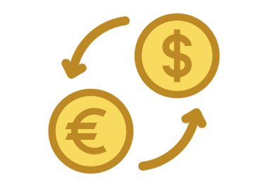 Para değişimi ve küresel ticaret kavramlarını gösteren para birimi dönüşümünün modern düz renkli simgesi.