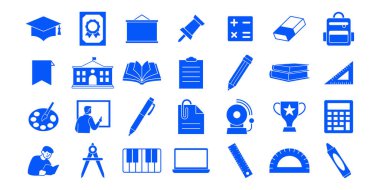 Kitap, dizüstü bilgisayar, ödül, sırt çantası ve öğretmen gibi okul, çalışma ve öğrenme sembolleri içeren mavi katı eğitim ikonu seti. E-öğrenim, bilgi ve akademik projeler için mükemmel.