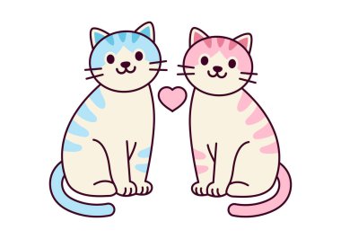 Sevgi ve sevgililer günü aşkını simgeleyen kedi çiftinin düz renkli çizimi.
