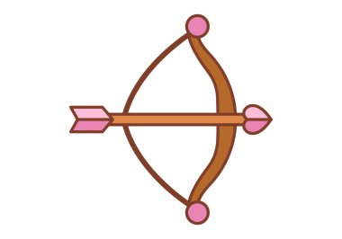 Düz renkli yay ve ok simgesi aşk tanrısı romantizmini ve sevgililer günü sanat eserleri için mükemmel aşkı simgeliyor.