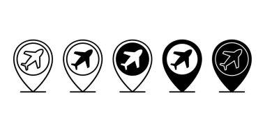 Siyah uçak konum simgesi seyahat, turizm ve uçuş navigasyon arayüzleri için simge.