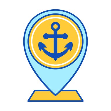Çapa sembollü düz renkli harita iğnesi, deniz, liman, deniz yolculuğu ve port haritası tasarımı için mükemmel..