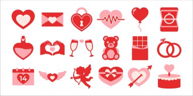 Kalp, mektup, kilit, yüzük, balon, çikolata, oyuncak ayı, aşk tanrısı ve pasta içeren romantik düz renkli ikonlar koleksiyonu. Aşk, düğün ve kutlama projeleri için mükemmel..