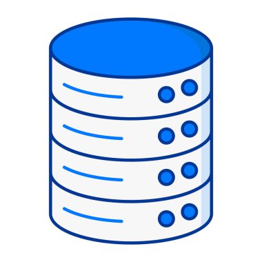 Dijital depolamayı, bilişim yönetimini ve bilgi sistemlerini sembolize eden düz renkli veritabanı sunucu simgesi.