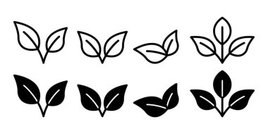 Doğa büyümesini, eko tasarımını ve sürdürülebilir yaşam tarzını gösteren minimal siyah yaprak simgeleri.