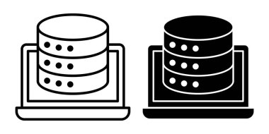 Modern dijital iş akışları ve yazılım kullanımı için dizüstü bilgisayarlarda gösterilen veritabanlarını gösteren siyah bir simge paketi.