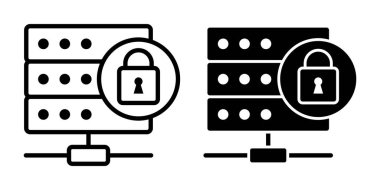 Güvenlik, koruma ve güvenli dijital işlemler için sunucu birimlerine kalkanları ve kilitleri olan siyah bir simge.