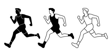 Spor izleme, fitness uygulamaları, hareket grafikleri ve refah temaları için siyah çalışan figür simgeleri.