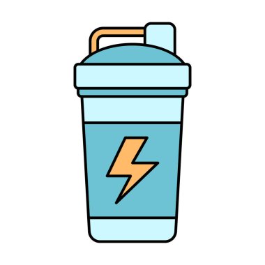 Protein içecekleri, beslenme rehberleri, fitness uygulamaları ve sağlık kullanımı için uygun renkli takviye şişesi simgesi.