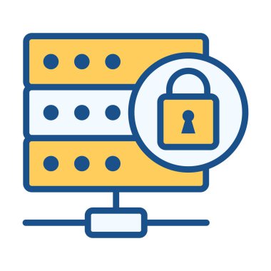 Güvenli sunucu simgesi düz renkli, güvenli ve şifreli koruma gösteriyor. Teknoloji, sunucu, siber güvenlik ve veri yönetimi projeleri için temiz modern tasarım ideal.