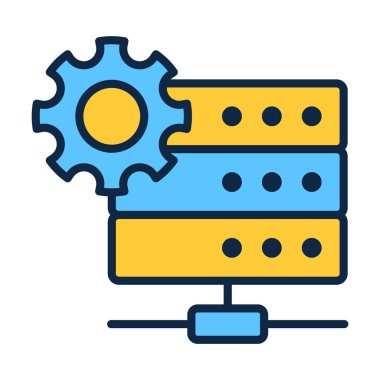 Modern teknolojik görsellerde konfigürasyon, sunucu kurulumu ve sistem yönetimi için dişli denetimleri içeren düz renkli sunucu ayarları simgesi.