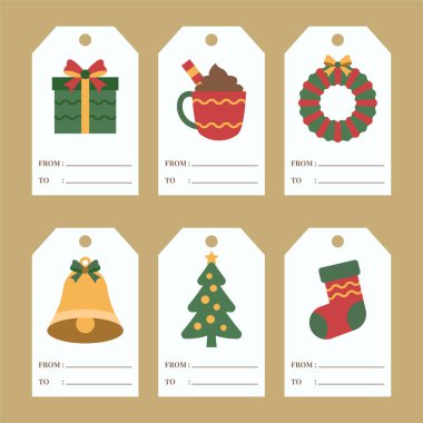 Çan ağaçları, çelenkler, çoraplar ve ambalaj ve el sanatları için diğer klasik tatil eşyalarıyla süslenmiş büyüleyici bir Noel hediyesi paketi..