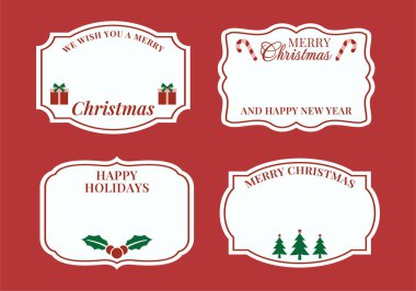 Klasik çerçeveler ve dekoratif tatil unsurlarının yer aldığı geleneksel bir Noel etiketi seti, ambalaj, kartlar ve yaratıcı projeler için mükemmel.