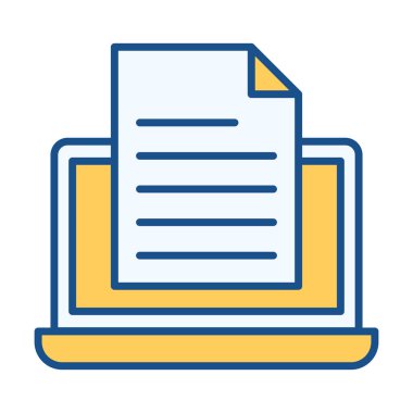 Düz renkli simge dizüstü bilgisayarda bir dosya gösterir, dijital çalışma alanları, çevrimiçi belgeler ve ofis görevleri için idealdir.