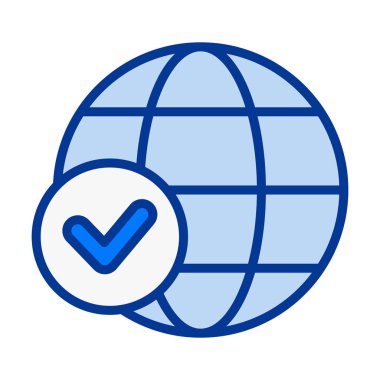 Küresel doğrulama, çevrimiçi onay, güvenilir erişim ve iş ve web arayüzleri için onaylanmış dijital durum gösteren düz renkli dünya kontrol simgesi.