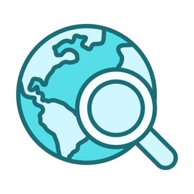 Düz renkli dünya arama simgesi dünya çapında arama, çevrimiçi keşif ve küresel bilgi keşiflerini temsil ediyor.