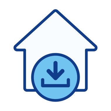 Dosya alımını, konut belgelerini, çevrimdışı erişimi ve uygulamalar için özellik veri indirmeyi temsil eden düz renkli ev indirme simgesi.