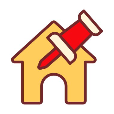 İğnelenmiş özellikleri gösteren düz renkli ev itme iğnesi simgesi, işaretlenmiş konut ögeleri ve dijital listeler için işaretlenmiş noktalar.