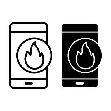 Siyah akıllı telefon alev simgeleri uyarı uygulamaları, sıcak anlaşmalar, enerji temaları, ısı göstergeleri ve dinamik dijital tasarımlar için uygundur.