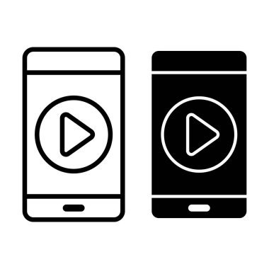 Çalma düğmesi sembollü siyah akıllı telefon simgesi, ortam uygulamaları, yayın araçları, video kontrolleri ve modern dijital arayüzler için ideal.