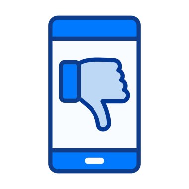 Akıllı telefonun temiz düz renkli simgesi, baş parmakları gösteren jest, olumsuz geri bildirim, hoşlanmayan düğmeler, uygulamalar veya derecelendirme arayüzleri için idealdir.