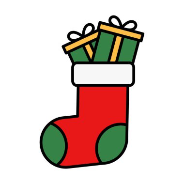 Hediyelerle dolu neşeli bir Noel çorabı Noel kutlamaları, mevsimlik dekorasyonlar ve sıcak kış tasarım kavramları için ideal..