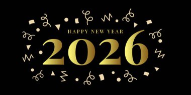 Yeni yıl temalı altın bir konfeti. Bayrak ve tebrik kartları için uygun şenlikli ve zarif bir atmosferi olan 2026 tasarımı..