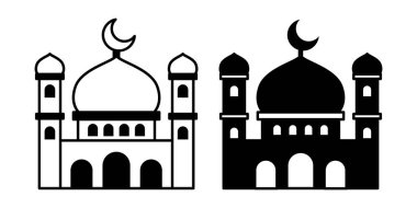 İçinde cami şekilleri, ibadethane kavramları, İslami kutlama görselleri ve ruhani materyaller barındıran temiz siyah bir simge..