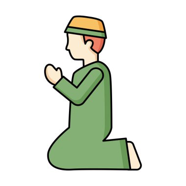 Dua eden Müslüman bir adamın düz renkli simgesi, temalı sanat eserleri, Ramazan tasarımı ve İslam ruhani içeriği için ideal..