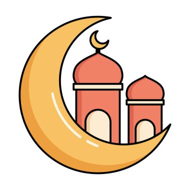 Parlak düz renkli bir ikon, camii olan hilal şeklindeki bir ayı, Ramazan ayı, bayram kutlamaları ve İslami temalı yaratıcı tasarımlar için mükemmel bir şekilde gösteriyor..