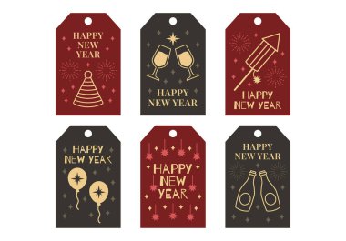 Zarif lüks, mutlu yeni yıl hediye etiketi koleksiyonu. Altın kutlama ikonları. Özel ambalaj kartları, bayram hediyeleri ve mevsimlik markalaşma için mükemmel.