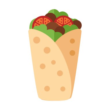 Meksika yemek menüleri, restoran yemekleri, gündelik yemek konseptleri ve mutfak içeriği için uygun düz renkli bir burrito ikonu..