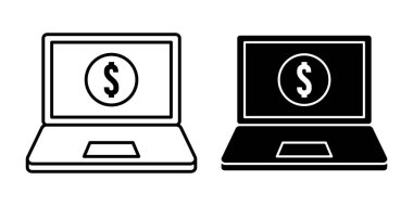 Çevrimiçi ödemeleri, dijital finansmanı, iş işlemlerini ve para sistemlerini temsil eden siyah bilgisayar dolar simgesi paketi.